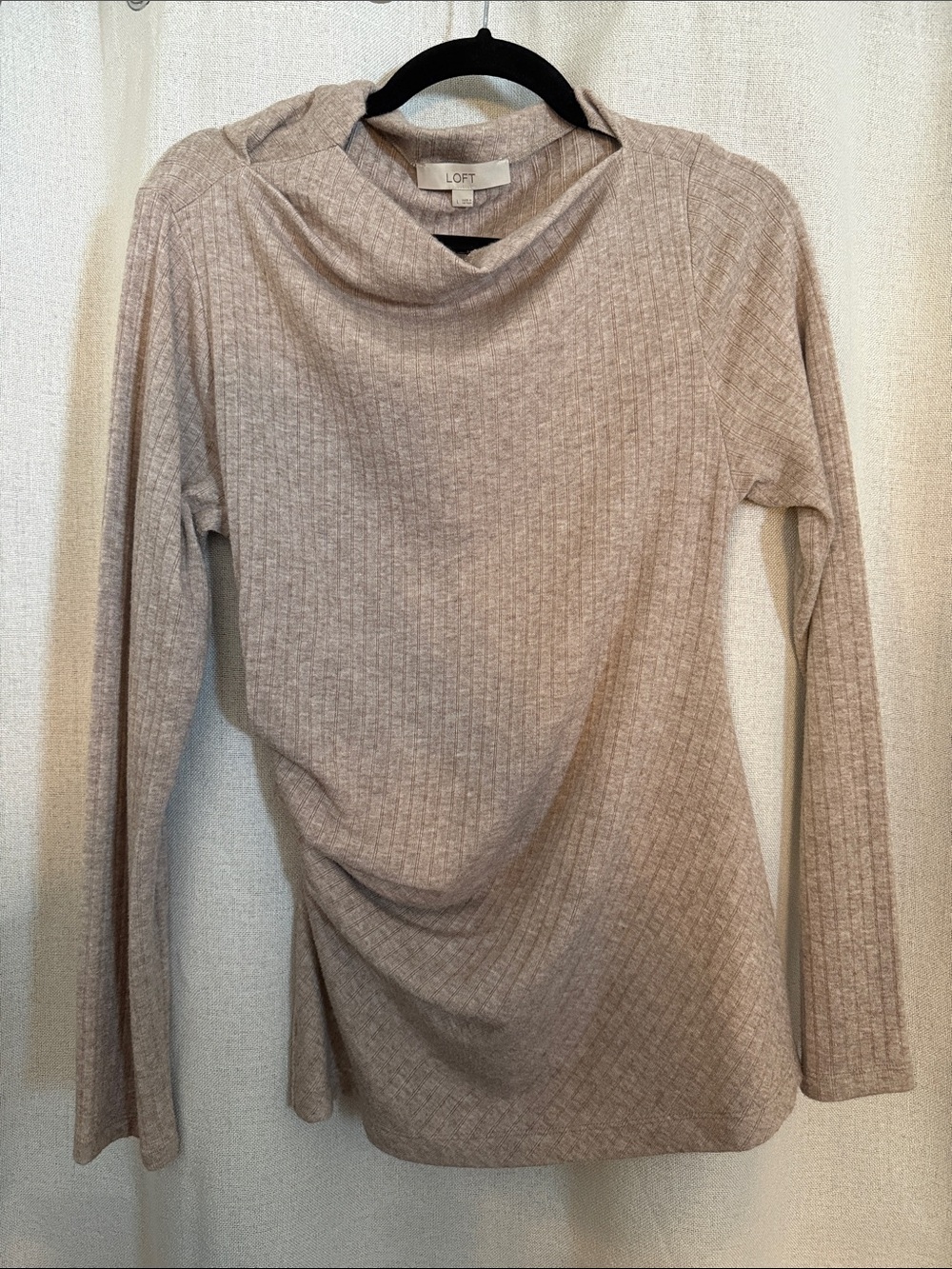 LOFT Ribbed Cowl Neck Sweater in Light Taupe